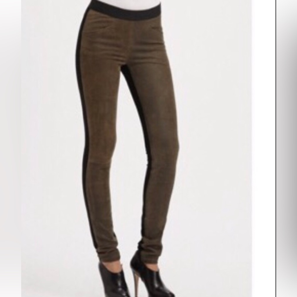 Theory Cullen Lamb Leather Stretch Twill Black Olive Pants Leggings 0
